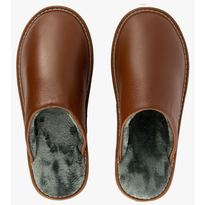 Unisex House Slippers, Genuine Leather Solid Color Minimalist Indoor Slippers, Soft Warm Flannel Lining, Lightweight Comfortable Flexible Anti-Slip Rubber Sole size 27