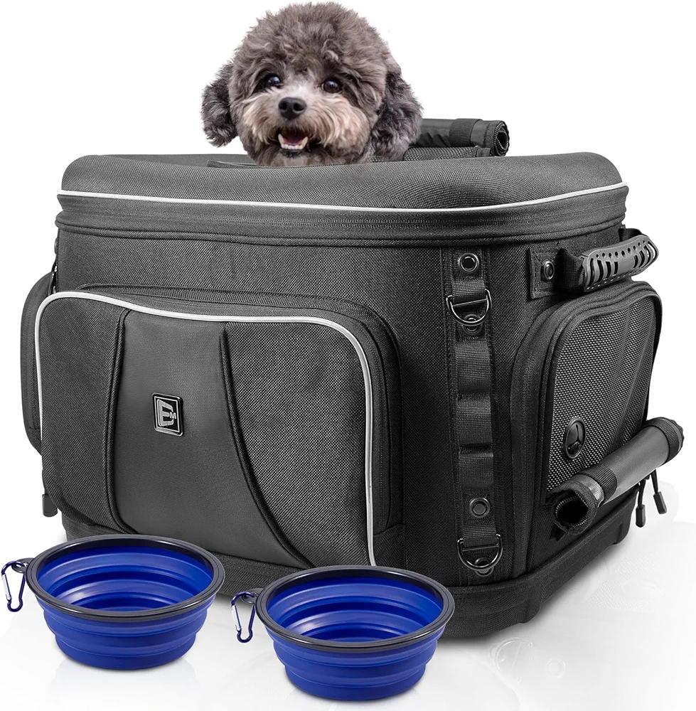 Motorcycle Dog/Cat Carrier Portable Pet Voyager Carrier Crate Travel Luggage Bags Load Capacity 20lbs for UTV/ATV Rear Seat or Harley Touring Trike Models Passenger Seat with Sissy Bar Straps