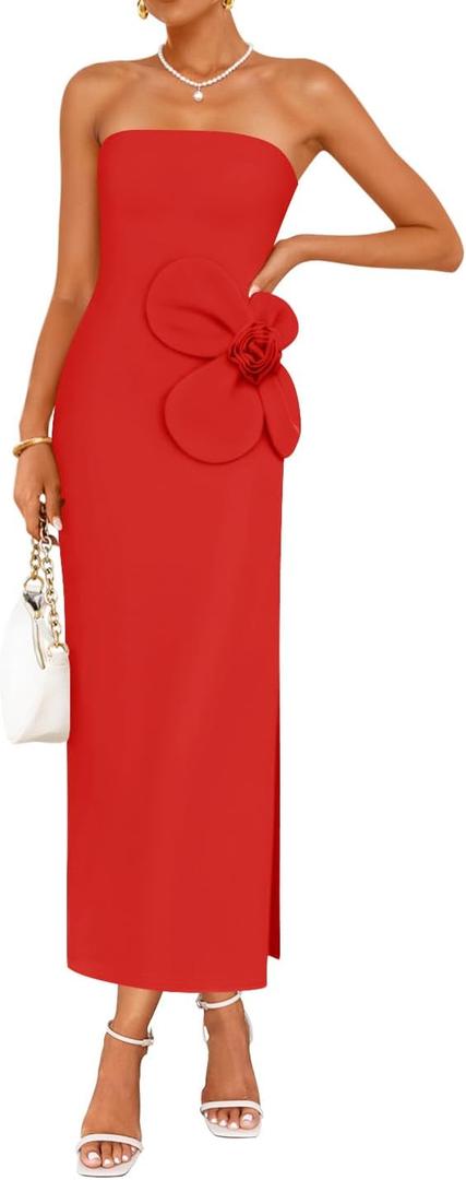 ZESICA Women's Summer Strapless Bodycon Maxi Dress 2026 Ribbed Knit Backless Floral Tube Cocktail Party Long Dresses (Red, M)