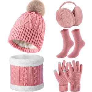 SATINIOR 5 Pcs Winter Hat Scarf Gloves Set Fleece Warm Lined Knit Beanie Hat Touch Screen Earmuff Gloves Warmer for Women(Pink,Rhombus Pattern)
