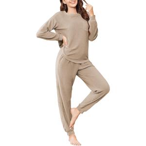 Ekouaer Womens Fuzzy Fleece Pajama Sets Long Sleeve Jogger Sets Comfy Sleepwear Loungewear with Pockets (X-Large, Khaki)