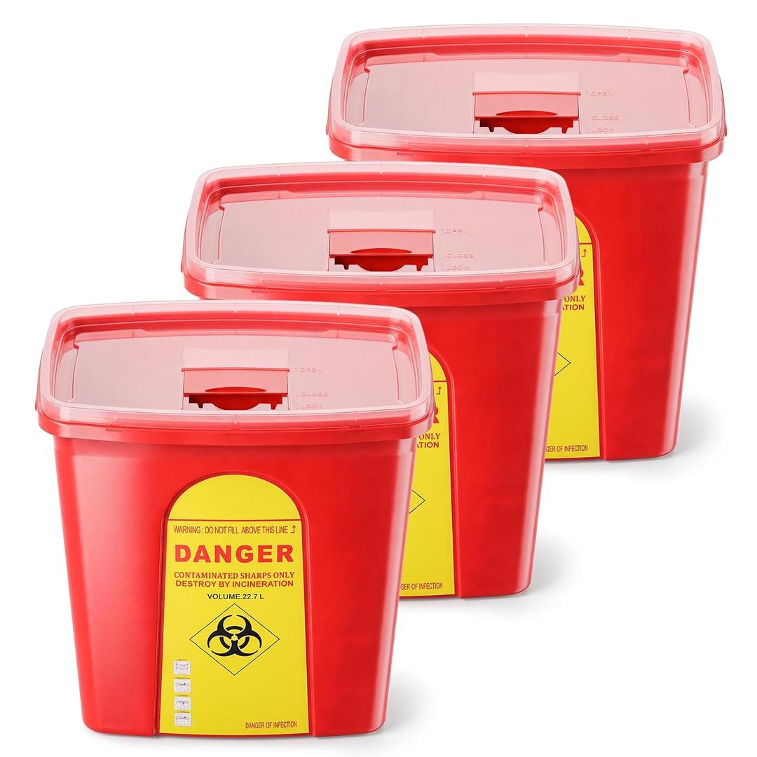 Hushee 3 Pack 6 Gallon Sharps Container with Lid, Large Sharps Disposal Container with Locking Sliding Lid for Home or Laboratory, Side Handles