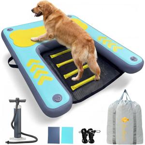 Dog Ramp for Pool & Lake, Inflatable Water Platform 60'' x 40'' Floating Dock for Pets Up to 240 lbs, Non-Slip EVA Surface with Ladder, Boat & Dock Access for Swimming and Outdoor Use