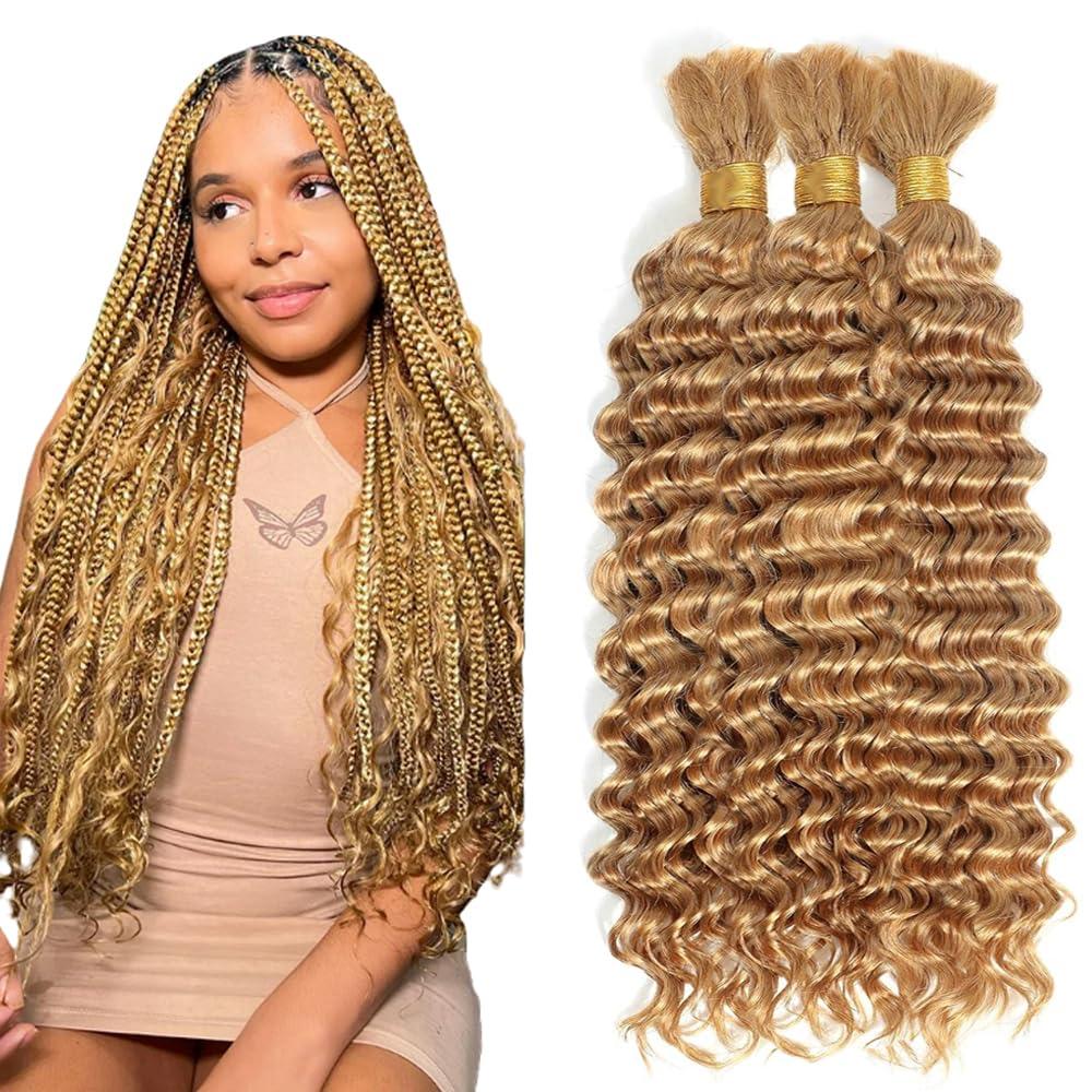 30 30 30 Inch Honey Blonde Human Braiding Hair For Boho Braids Blonde Human Braiding Hair Deep Wave #27 Bundles Boho Braids 150g