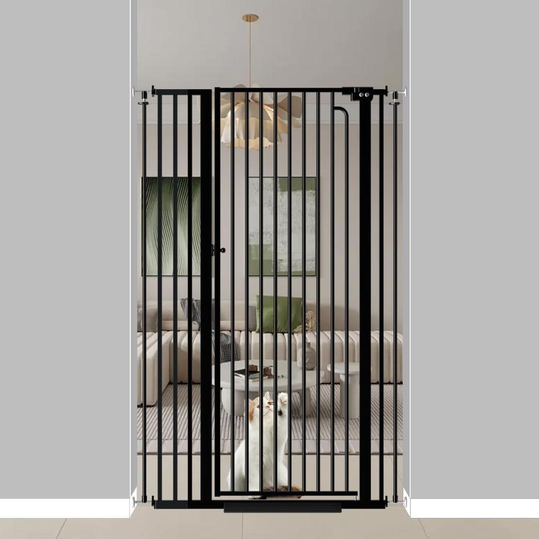 57" Extra Tall Pet Gate for Cats Dogs-29.5"-62.2" Extra Wide Cat Gate for Doorways and Stairs-1.37" Ultra Narrow Spacing Pressure Mounted Dog Gate with One-Handed Operation(29.5"-38.5") (Black)