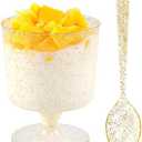 WDF 96PACK 7oz Gold Glitter Medium Large Plastic Dessert Cups With Spoons-48 Disposable Appetizer Cups |Wine Goblet Glasses & 48 Gold Glitter Tasting Spoons for Party