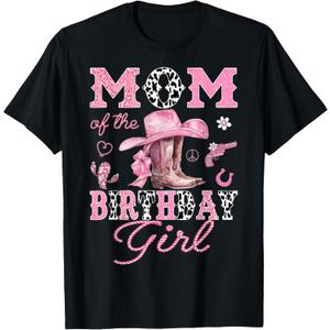 Mom Of the Birthday Girl Pink CowGirl Western Rodeo T-Shirt (Black, M)