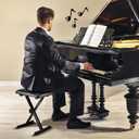 Flexzion Foldable Piano Bench - Adjustable Keyboard Bench Seat with Padded Cushion, X-Style Folding Musician Stool, Anti-Slip Feet, Portable Piano Chair for Keyboard, Practice & Performance, Black, Onesize