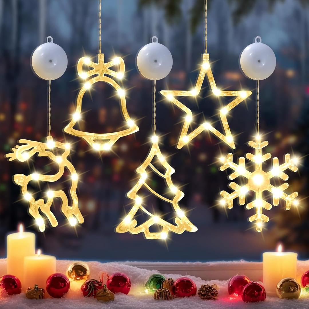 5PC Christmas Window Lights Decorations, Window Christmas Decorations with Suction Cup, Lighted Bell Tree Reindeer Snowflake Star with Timer Function, For Windows, Glass Walls, Christmas Trees (Warm colours)