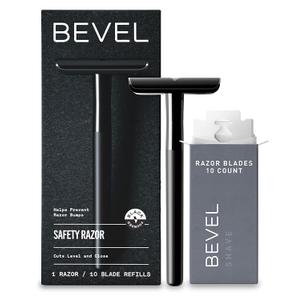 Bevel Safety Razor with Brass Weighted Handle and 10 Double Edge Safety Razor Blade Refills, Single Blade Razor for Men, Designed for Coarse Hair to Prevent Razor Bumps, Black