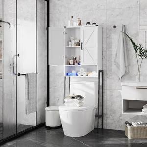 Over The Toilet Storage Cabinet with 2-Door Design Bathroom Organizers and Storage with Anti-Tip Device Over Toilet Organizer with Shelves for Bathroom,Restroom,Laundry White, 23.46" X 9.96" X 67.28"