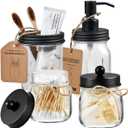 Amolliar Mason Jar Bathroom Accessories Set 4 Pcs -Lotion Soap Dispenser & 2 Cotton Swab Holders & Toothbrush Holder - Rustic Farmhouse Decor, Bathroom Home Decor, Perfect Decorating Idea , Black