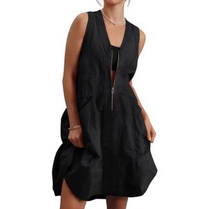 Fisoew Women's Sleeveless Tank Mini Dress Casual Half Zip V Neck Loose Mesh Back Utility Summer Dresses with Pockets (X-Large, Black)
