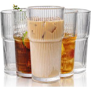 Set of 6 Oversize Ribbed Glassware, 20oz Vintage Clear Glass Tumbler, Large capacity, Origami Style, Fluted Design, Ideal for Water, Iced Coffee, Beer, Tea, Latte, Housewarming Gift (Large)