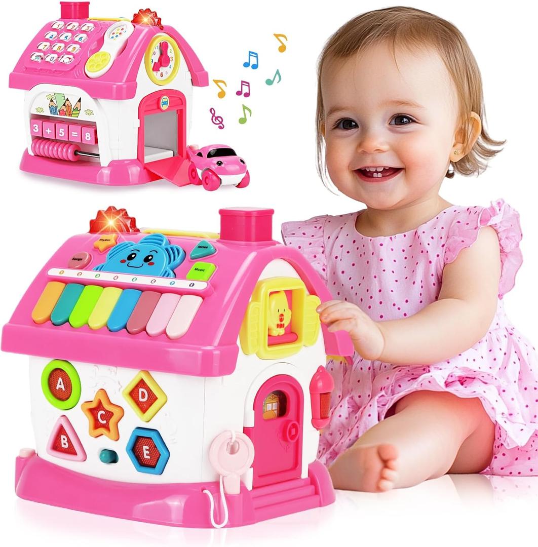 Toys for 1+ Year Old Girl Gifts: Montessori Musical Toddler Toys Age 1-2 - 8-in-1 Multi-Functional House Educational Baby Girl Toy 12-18 Months - First Birthday Gift for 1 2 Year Old Girls Boys Kids (Pink)