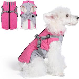 Gyuzh Dog Coat with Harness Dog Jacket Winter Waterproof Dog Coats Dog Harness Coat Cold Weather Winter Dog Coat with Harness Built in for Small Medium Large Dogs (rose red)
