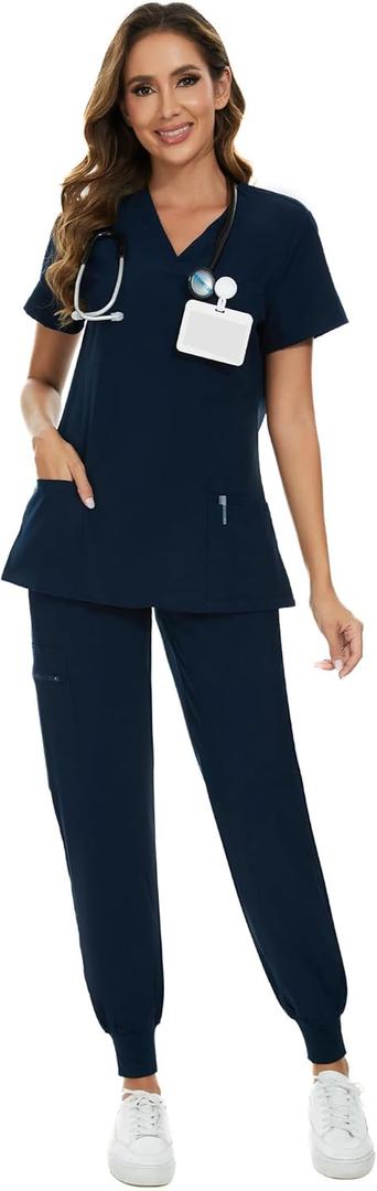 COZYFIT Scrubs for Women Set - Stretch V-Neck Scrub Top & Jogger Pant with 8 Pockets (Large, Navy Blue)