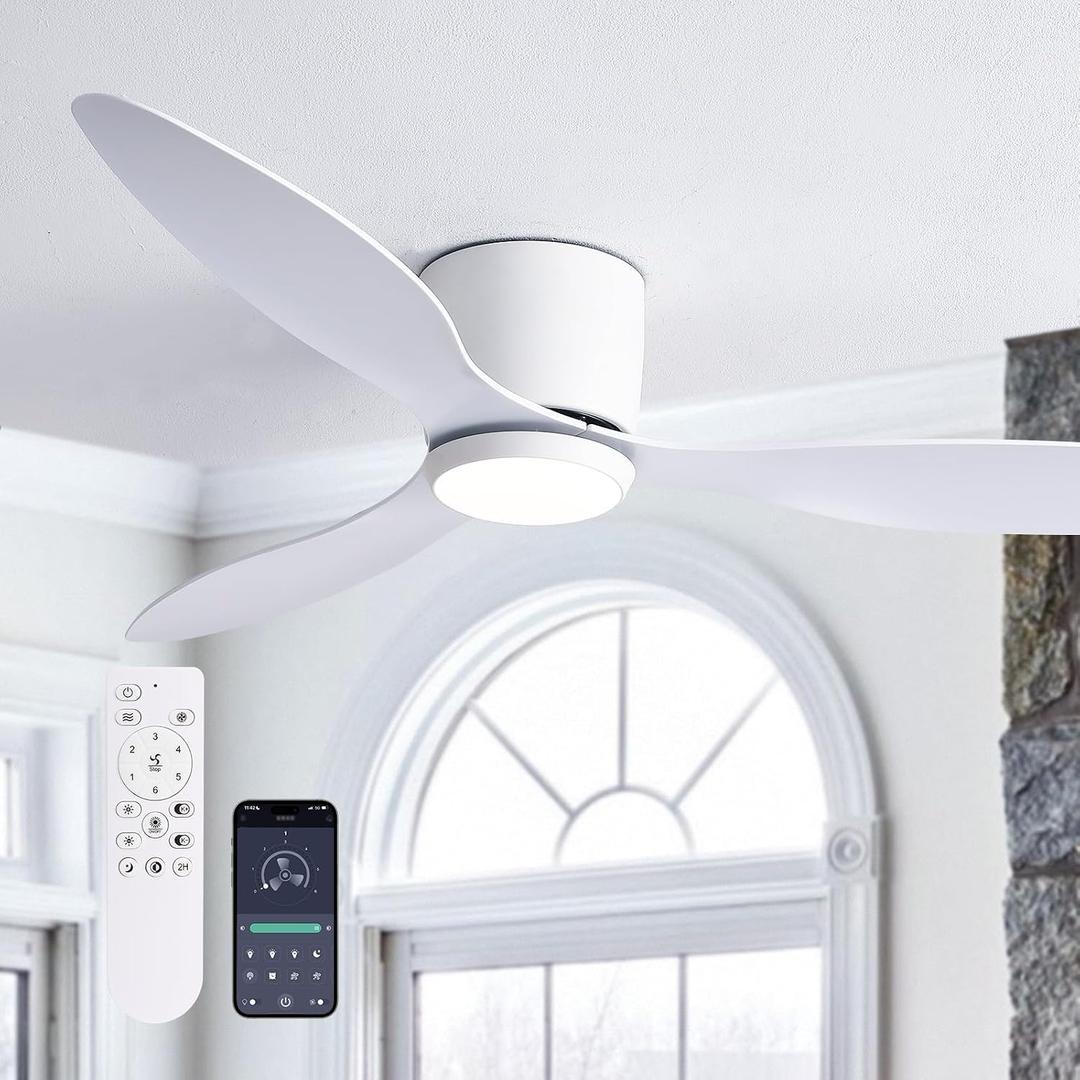 LUDOMIDE Ceiling Fans with Lights, Low Noise Reversible Airflow DC Motor 52 Inch Ceiling Fan with Remote Control, Flush Mount Ceiling Fan for for Bedroom, Living Room
