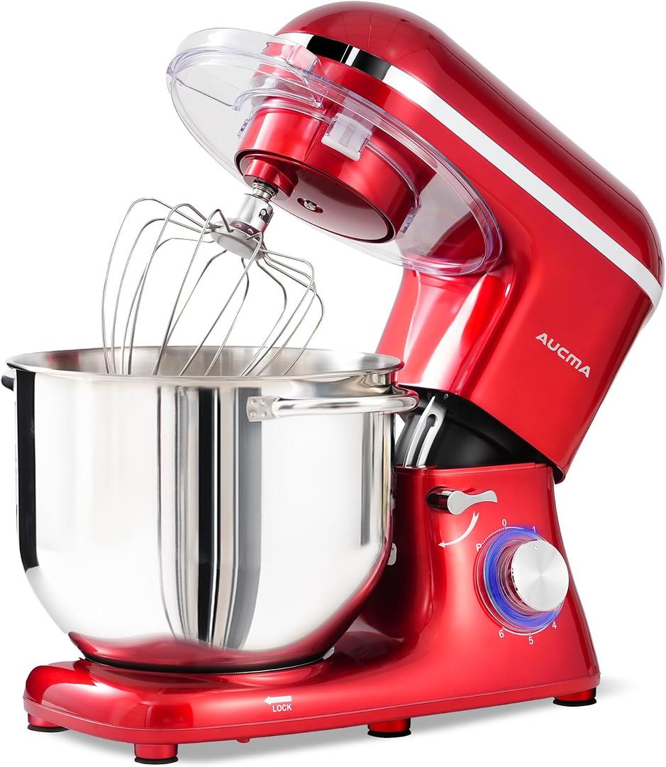 Aucma Stand Mixer, 8QT 900W 6-Speed Tilt-Head Food Mixer, Kitchen Electric Mixer with Dough Hook, Wire Whip & Beater (Red, 8QT)