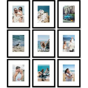 9 Packs 8x10 Picture Frames, Display 5x7 with Mat or 8x10 Without Mat, Gallery Wall Frame Set, 8 by 10 Frames Bulk Set of 9 Collage Wall Decor Photo Frames Set for Wall and Tabletop, Black