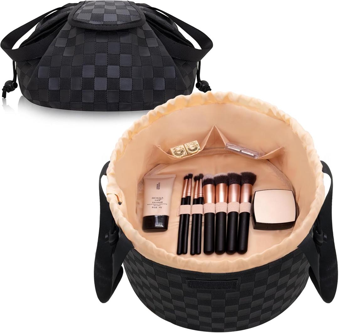 Drawstring Makeup Organizer Bag,Large Lay Makeup Bag,Portable Waterproof Leather Travel Drawstring Bags - Durable, Machine Washable Toiletry Bag for Travel (Checkered Black Large)