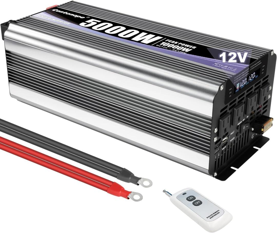 5000W Power Inverter 12V to 110V/120V DC to AC with LCD Display, Remote Controller and 4 x AC Outlets Car Adapter for Car Truck Boat RV Off Grid Solar System (Gray)