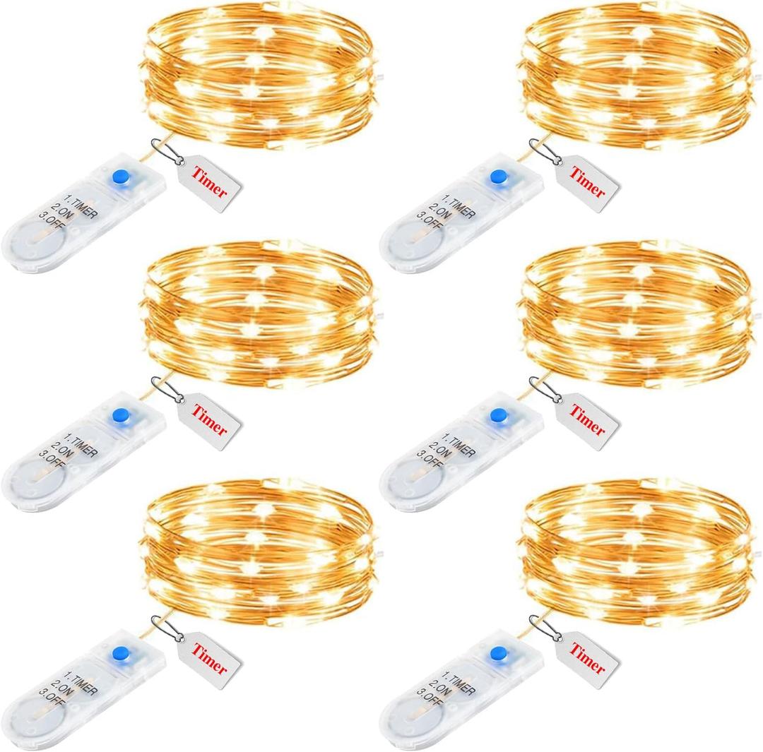Minetom 6 Pack Fairy Lights Battery Operated String Lights with Timer - 7ft 20 LED Waterproof Silver Wire Firefly Lights Waterproof for DIY Crafts Wedding Dcor Table Centerpieces Mason Jars Party