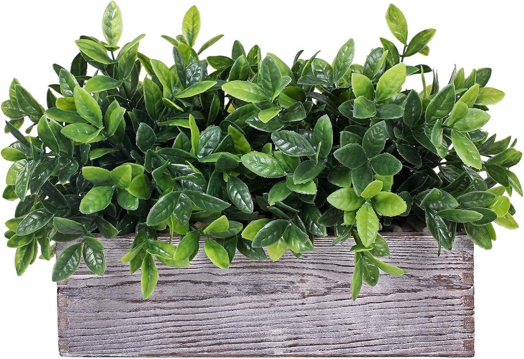 Winlyn Artificial Eucalyptus Plant in Rustic Rectangular Wooden Planter Box Faux Potted Herb Plant Greenery Arrangement for Farmhouse Indoor Wedding Table Centerpiece Mantel Shelf Kitchen Decor