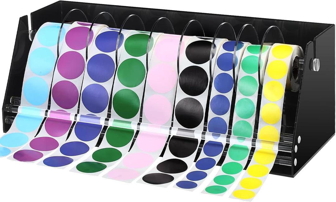 Adjustable Label Dispenser Acrylic Sticker Roll Dispenser Label Roll Holder Multi Use Sticker Holder Organizer Stand for School Gifts and Home Office Desktop(9 Disks)