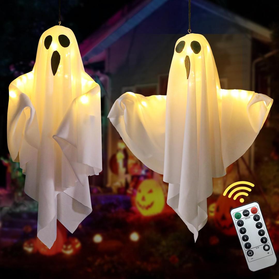 Halloween Hanging Ghost Lights with Remote Control  Floating Ghost Decorations with Timer, 8 Lighting Modes, Battery Operated for Scary Halloween Decor Indoor Outdoor (2-Pack)