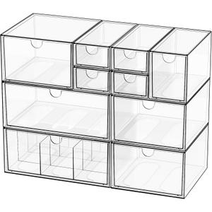 Desk Organizer Set, Clear Stackable Dustproof Storage Boxes for Desktop, Office, DIY Craft & Vertical Space Saving, Perfect for Makeup, Stationery, Jewelry Organization (10 Drawer)