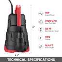 Sump Pump, 1 HP 3960GPH Submersible Utility Water Pump, Thermoplastic Portable Electric Water Removal Transfer Pump with 16.4FT Cord for Swimming Pool Basement Garden Pond Tubs Draining