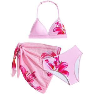 Amazon.com: Verdusa Girl's 3 Piece Bikini Sets Boho Floral Backless Halter Top with Cover Up Skirt Swimsuit Pink 8 Years : Clothing, Shoes & Jewelry, 12Y