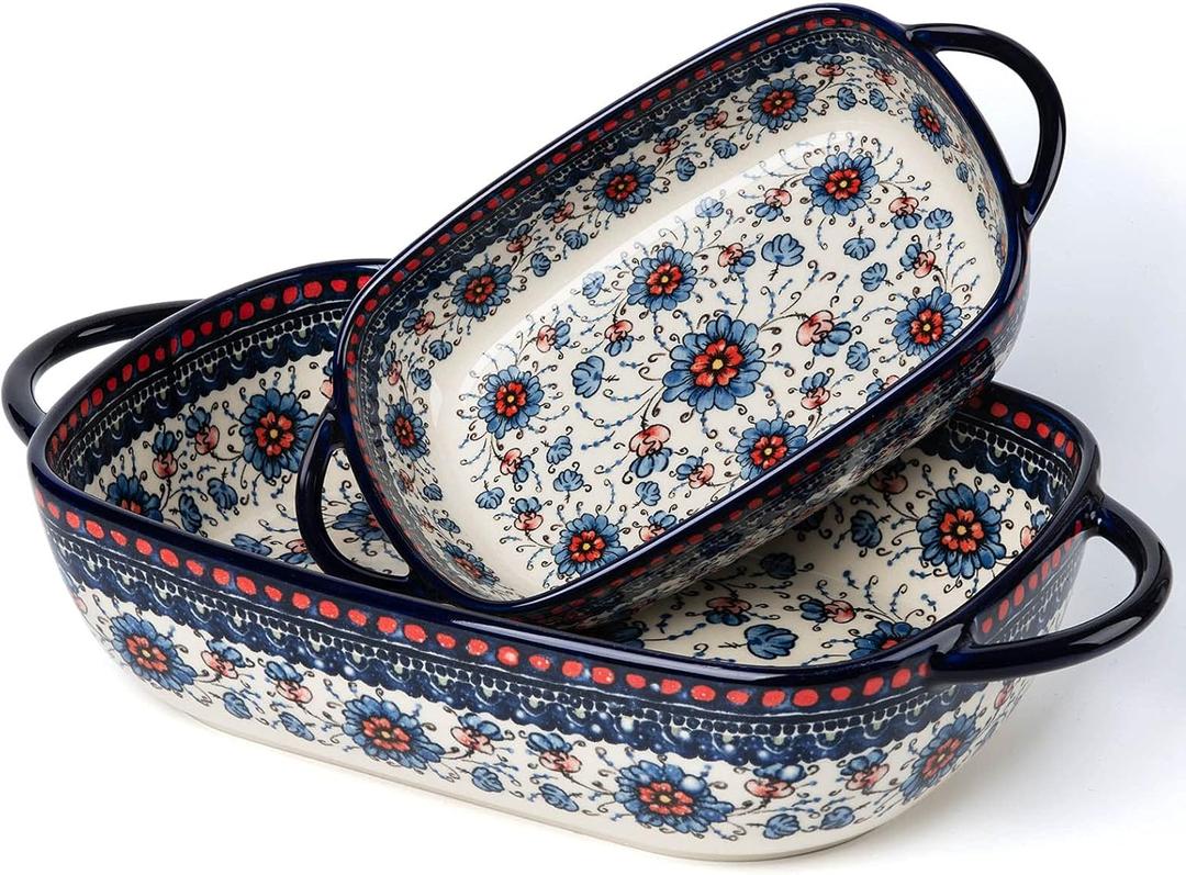 ONECCI Baking Dish Ceramic Baking Pan Blue Casserole Dish Rectangular Baking Set 2pcs Bakeware Sets Single Serving Size Lasagna Pan Baking Dishes for oven (Blue plasma grass)