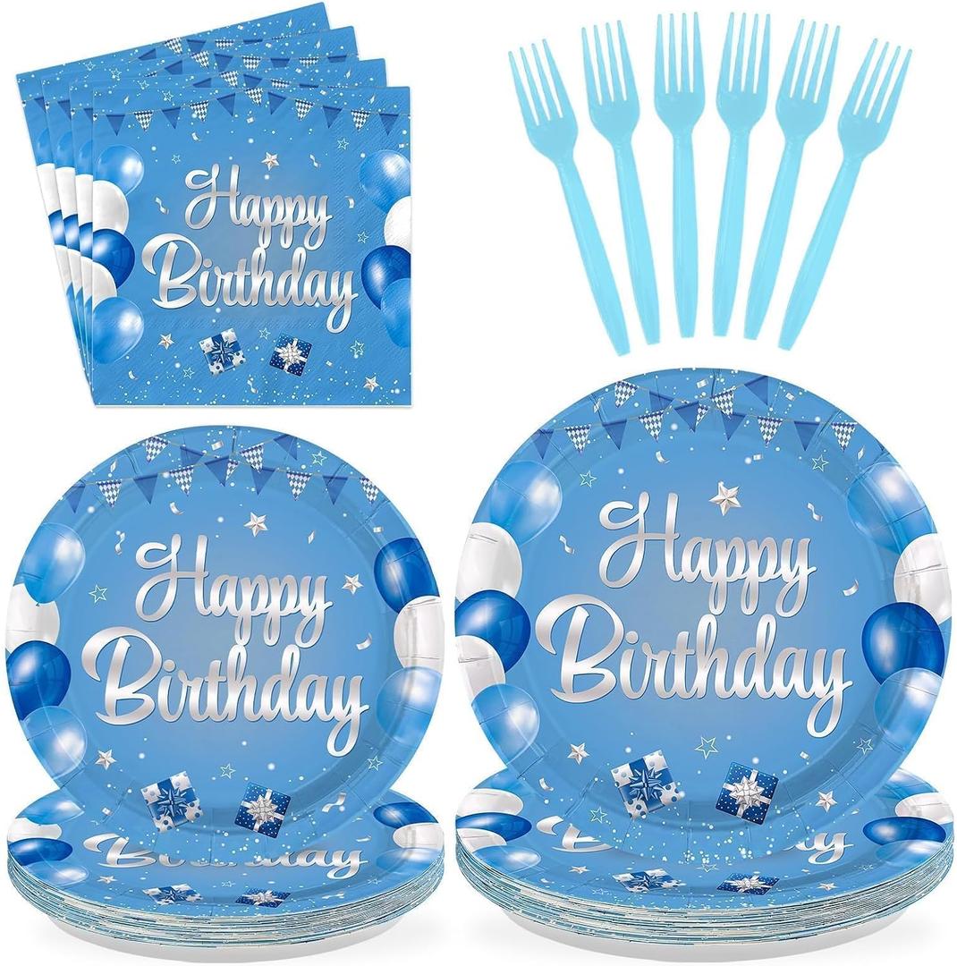 96 Pcs Light Blue Birthday Party Decorations Disposable Star Foil Paper Plates and Napkins Baby Blue Tableware Set for Boys Men Birthday Party Celebration Supplies Serves 24