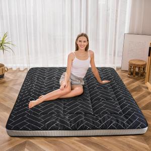 MAXYOYO Black Geometric Pattern Futon Mattress, Japanese Floor Mattress Quilted Mattress Topper, Extra Thick Folding Sleeping Pad Breathable Floor Lounger Guest Couch for Camping, Full
