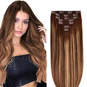 PARAHAIR Clip in Hair Extensions, 100% Real Human Hair 18 inch 70g 7pcs Medium Brown & Dark Blonde Mixed, Double Weft Straight Natural Remy Hair Extensions with 16clips #4/27