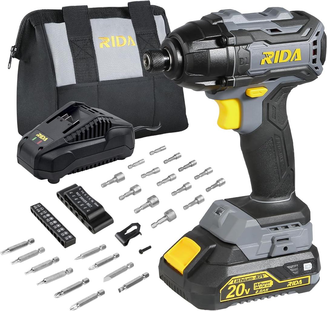 RIDA Cordless Brushless Impact Driver 180N.m, 20V Electric Impact Drill/Driver Set 1/4" All-Metal Hex Chuck,Variable Speed 2.0Ah Battery & Fast Charger, 25 Pcs S2 Bits & Tool Bag for Home DIY Use
