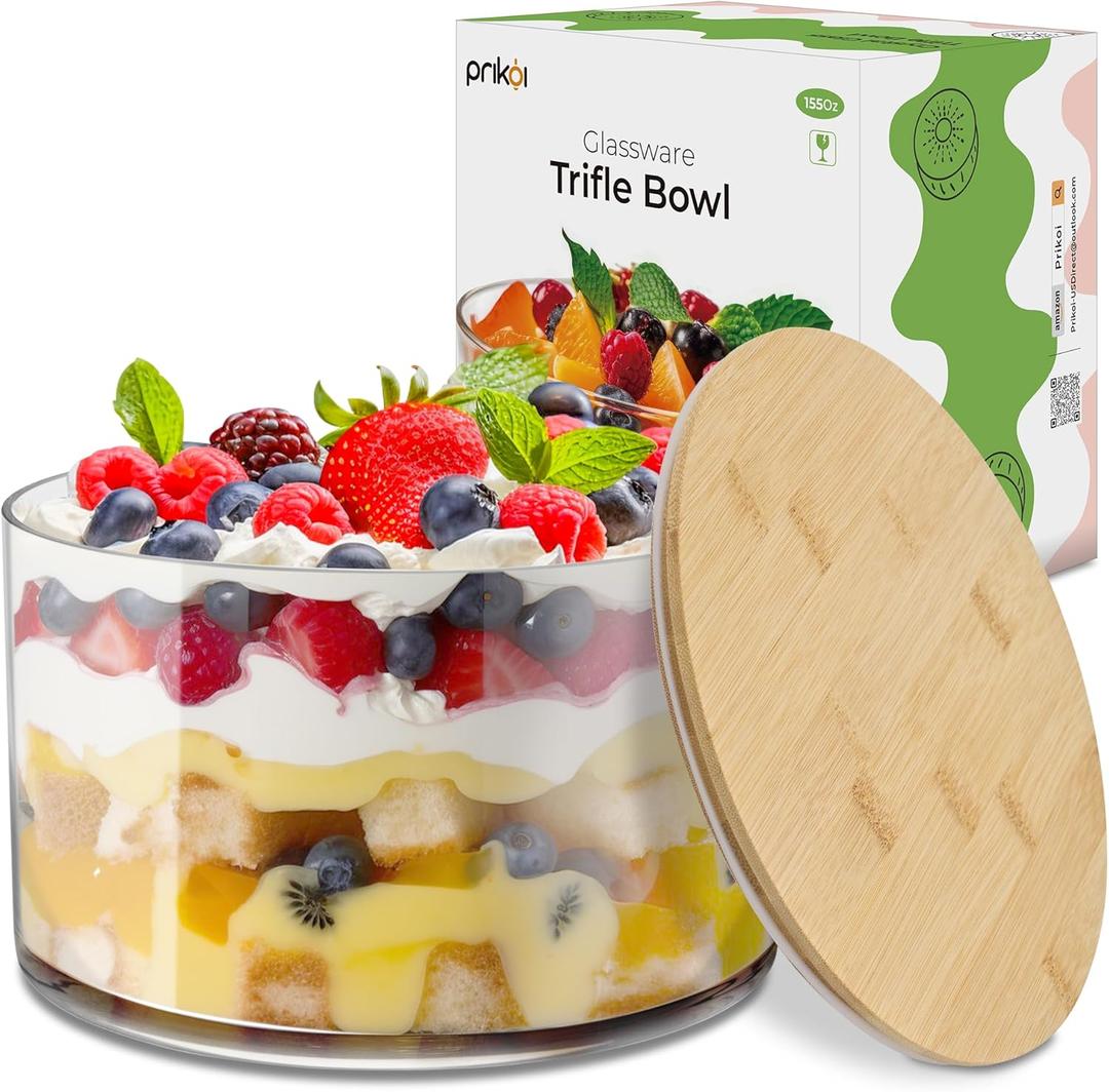 Prikoi 155oz Large Trifle Bowl with Lid, Modern Design Clear Glass for Salads, Dessert, Fruit, and Party Displays, 2025 Thickened Version