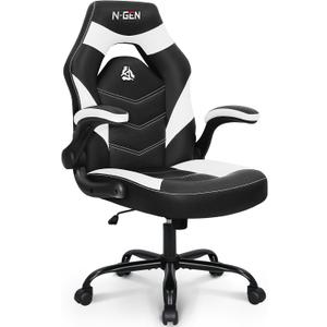 N-GEN Video Gaming Chair Ergonomic Computer Desk Office Chair with Lumbar Support Adjustable Height Swivel Wheels Flip-Up Arms PU Leather Home and Office (White), 26 inches x 25 inches x 43 inches