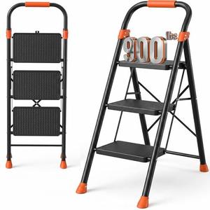 3 Step Ladder, 900 lbs Capacity Heavy Duty Step Stool with Safety Lock, Black Sturdy Step Ladder with Wide Anti-Slip Pedal, Folding Step Stool with Orange Cushioned Handle for Kitchen, Home & Garage