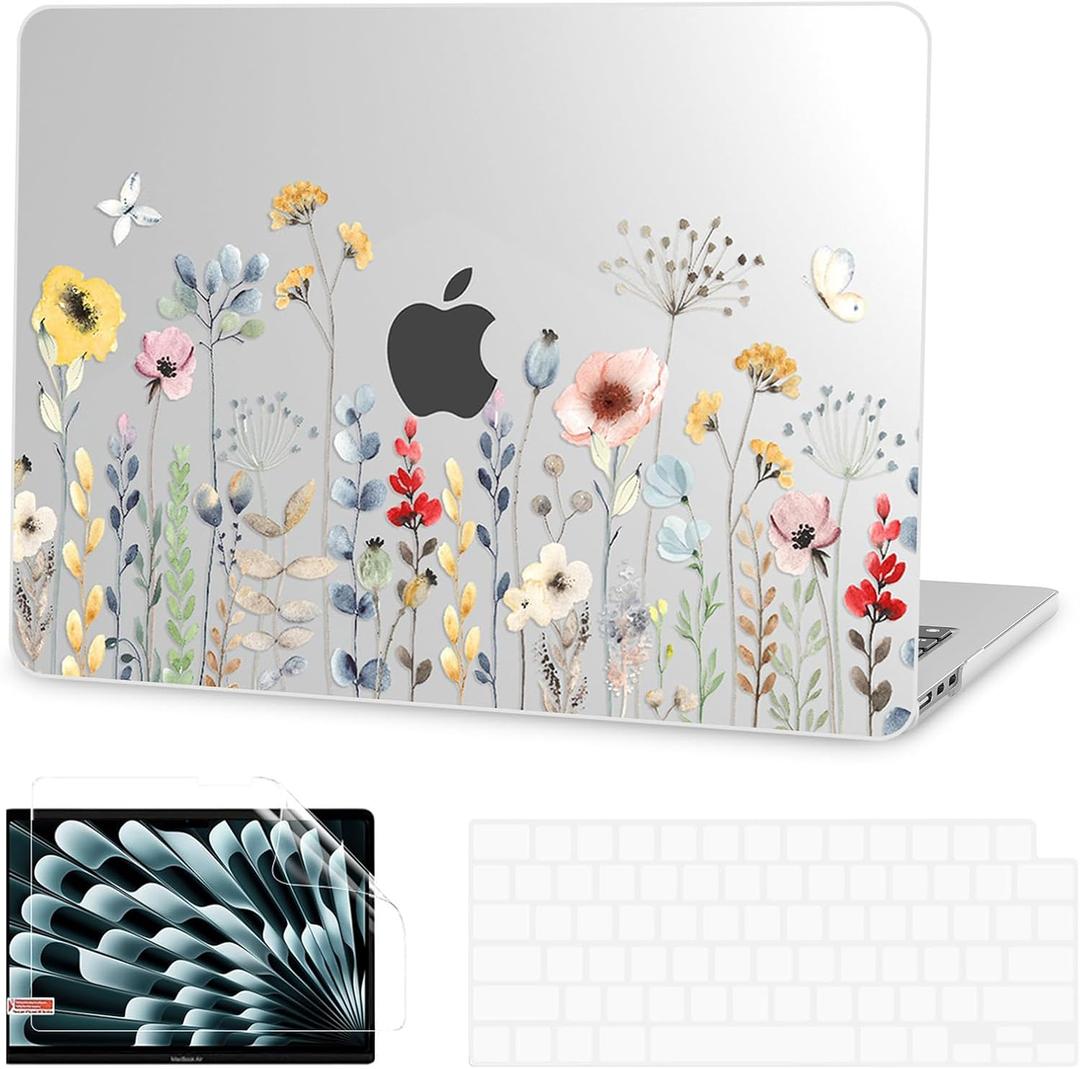 G JGOO Compatible with MacBook Air 13 inch Case 2026 2025-2022 M5 A3449 M4 A3240 M3 A3113 M2 A2681, Clear Hard Shell for MacBook Air 13.6 inch Case + Keyboard Cover + Screen Protector, Garden Flower