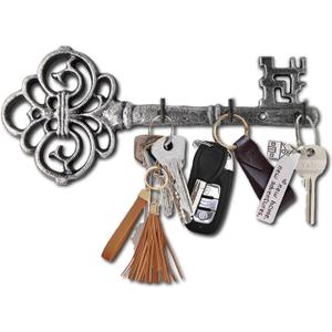 Comfify Cast Iron Skeleton Key Holder - Decorative Farmhouse Rustic Wall Mount Key Organizer - 3 Key Hooks - Vintage Key Rack for Entryway with Screws & Anchors  10.8 x 4.7 - Silver with Black