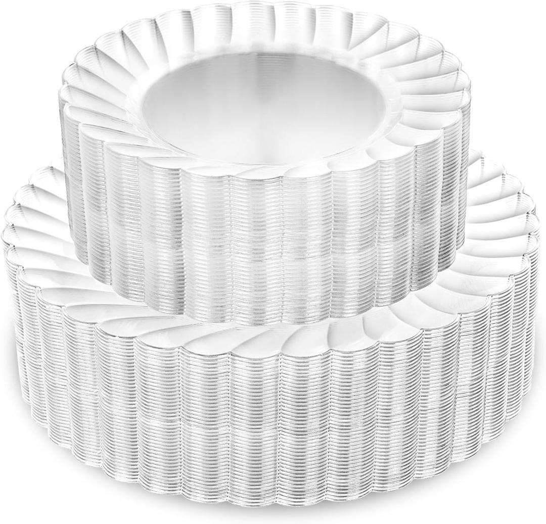 YOUBET 100PCS Clear Scalloped Plastic Plates - Heavy Duty Clear Disposable Plates, Fancy Hard Scalloped Plates Include 50 Dinner Plate, 50 Dessert Plate, for Wedding & Party