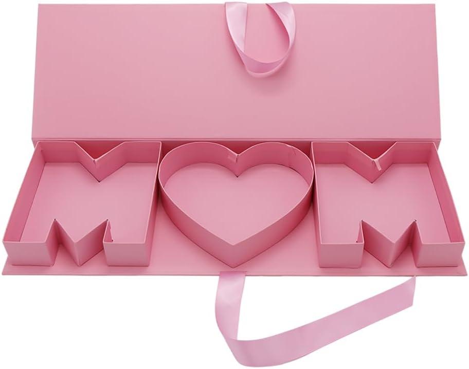 Empty Mothers Day MOM Letter Shaped Gift Box Paperboard Flower Chocolate Packaging (MOM, Pink)