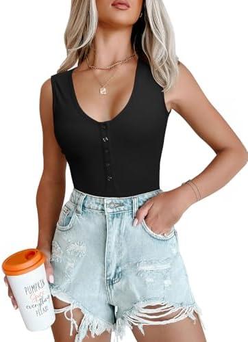 REORIA Women’s Ribbed Bodysuit Sexy Plunge Deep V Neck Sleeveless Tank Top Thong Body Suits Outfits Going Out Tops 2025 Black XS
