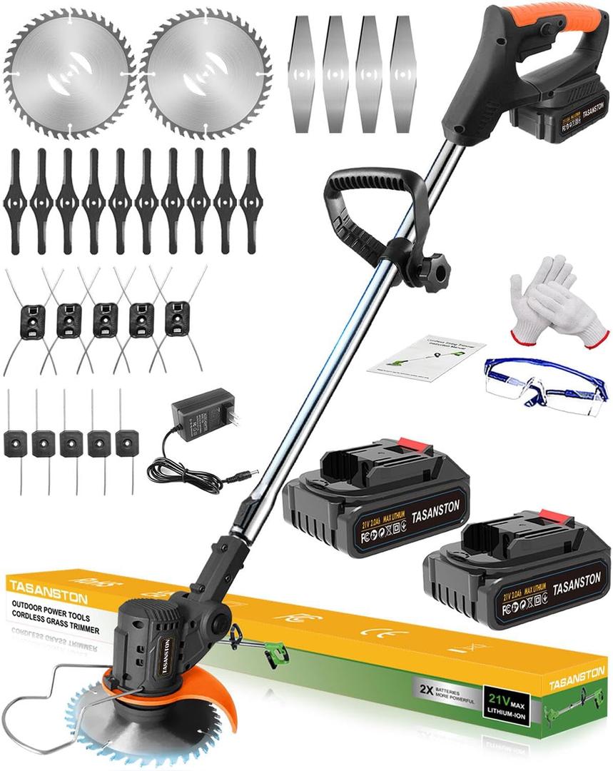 Electric Weed Wacker Cordless, 21V Weed Eater Battery Powered with 2 Batteries and Charger, 3 in 1 Electric Grass Trimmer Cordless Edger Brush Cutter with Saw & Metal Blade for Lawn Garden Yard