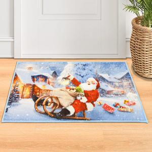 Christmas Doormats for Front Door, Decorative Santa Claus Welcome Mat, Christmas Kitchen Rugs, Non-Slip Outdoor Christmas Mat for Front Porch, Entryway, Entrance, Blue 2 x 3 Ft