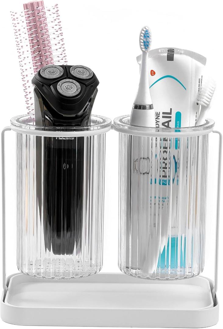 Toothbrush Holders with Drain Tray, 2 Slots Hanging Toothbrush and Toothpaste Holder Organizer Bathroom Caddy Countertop for Toothpaste, Razors, Electric Toothbrush - Clear