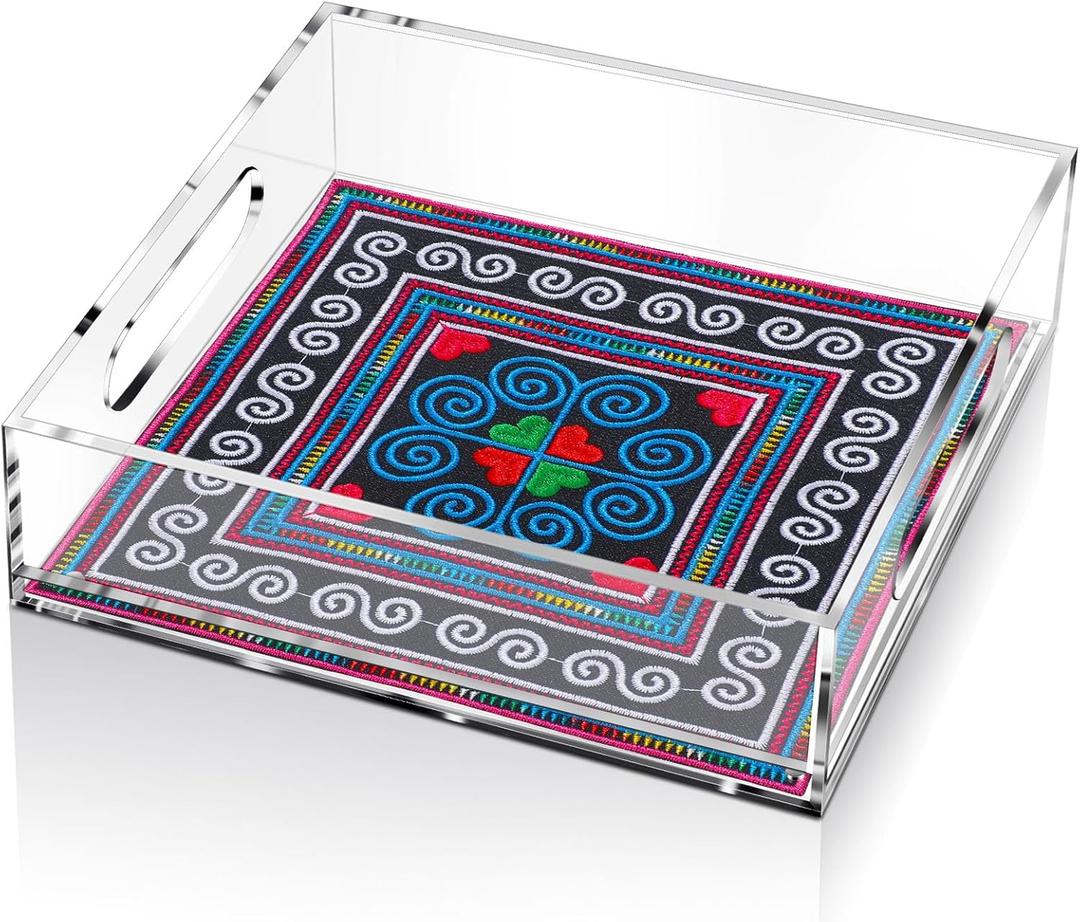 Acrylic Serving Tray with Handle Needlepoint Clear Decorative Tray Countertop Organizer for Home Bathroom Office (8" X 8")